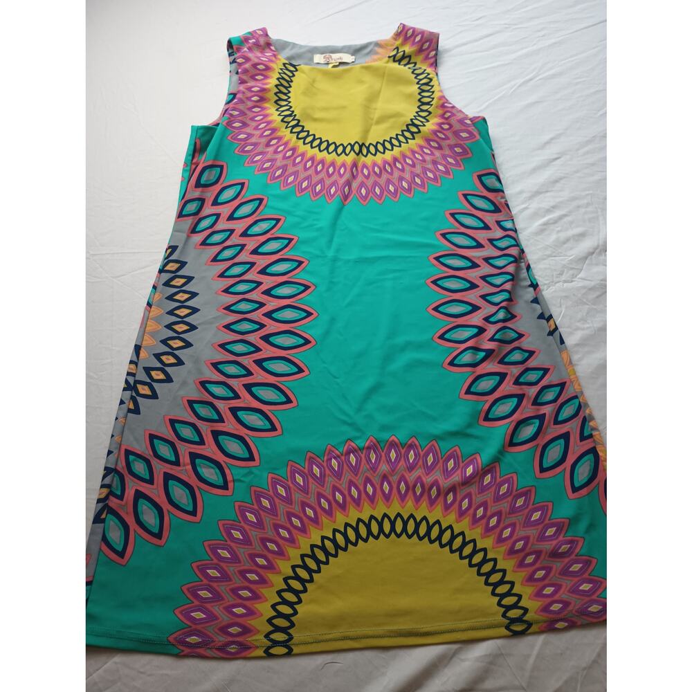 Aryeh Womens Teal Pink Yellow Geometric Medallion Print Sleeveless Shift Dress S